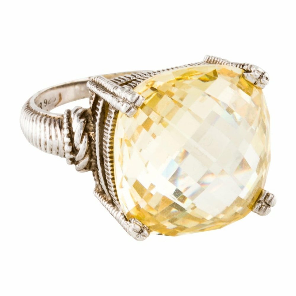 Judith Ripka Cushon Cut Canary Crystal Ring 7.75